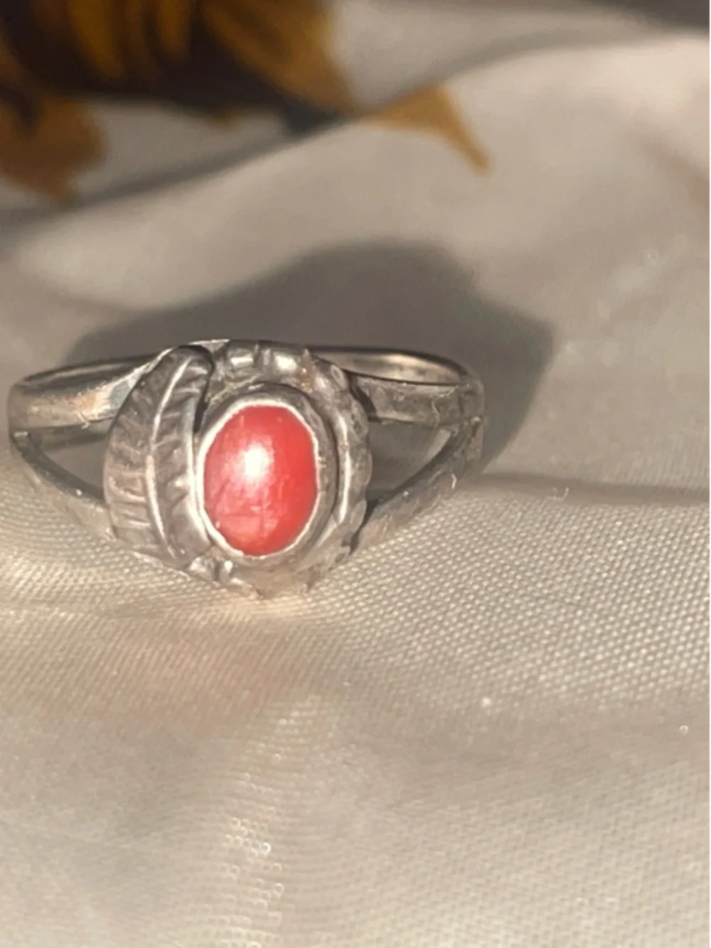 Sterling Silver Red Coral Oval Ring - Navajo feather design